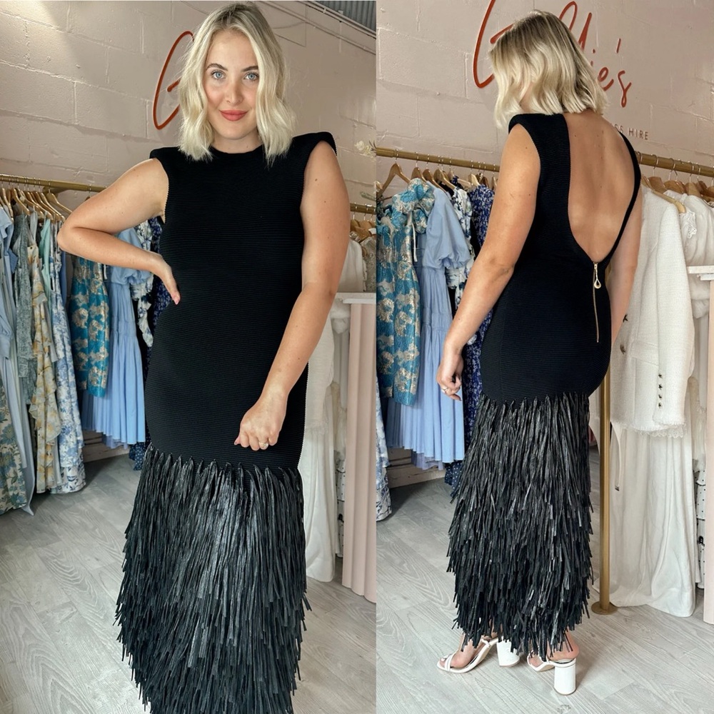 Aje Rushes Raffia Trimmed Ribbed Stretch Knit Dress Black - Picture 11 of 11